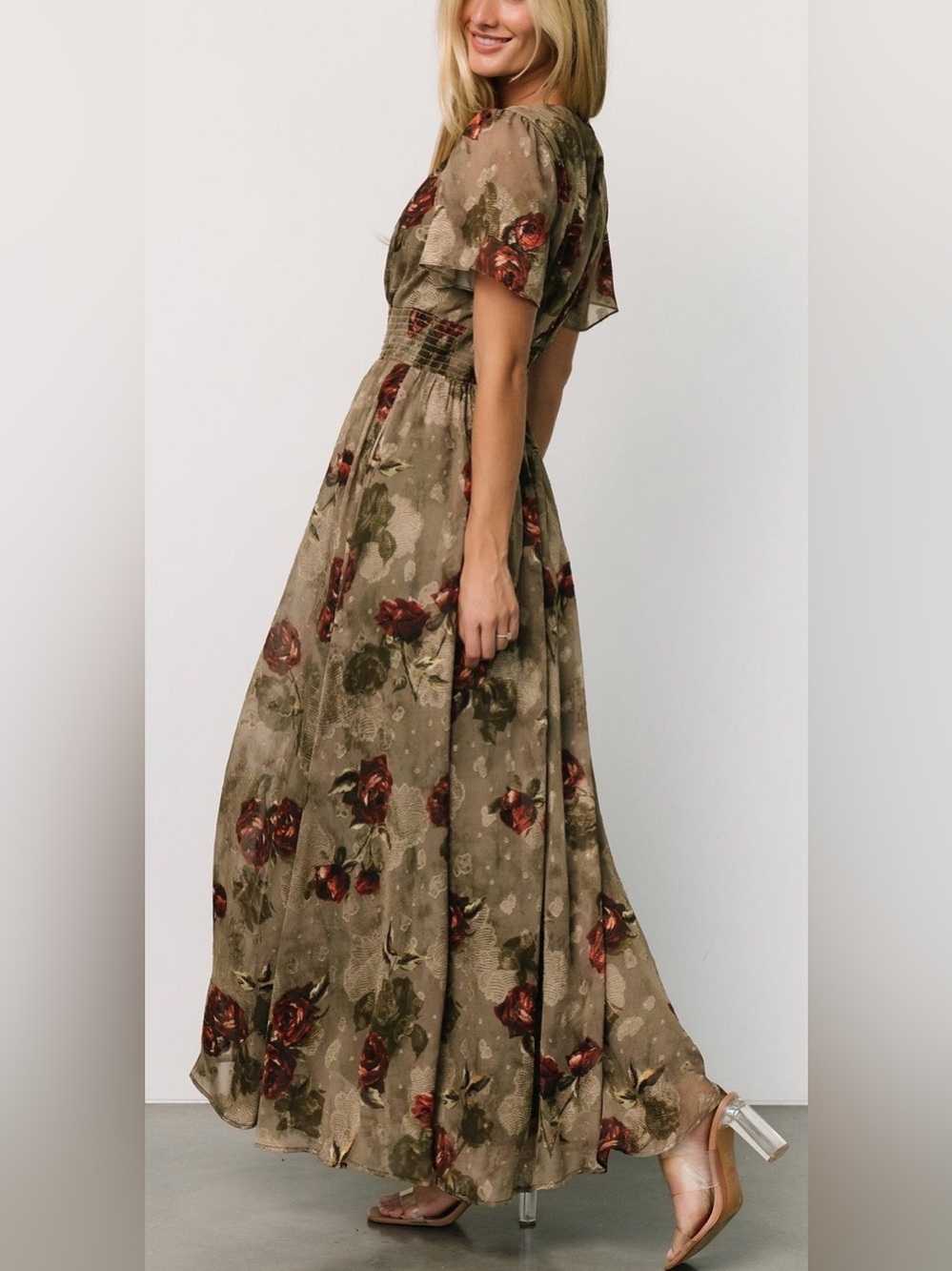 Baltic Born Olive Floral Maxi Dress with Red Rose Print large * cut tag - Picture 3 of 12